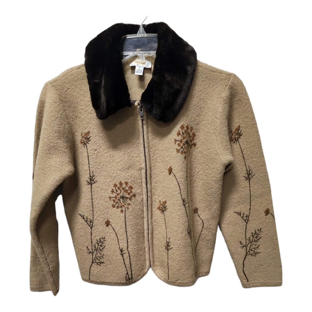 Talbots Vintage Wool Cardigan Faux Fur Collar